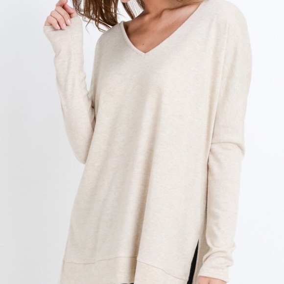 Hacci Brushed Soft VNeck Side Slit Oatmeal Tunic - Picture 4 of 9